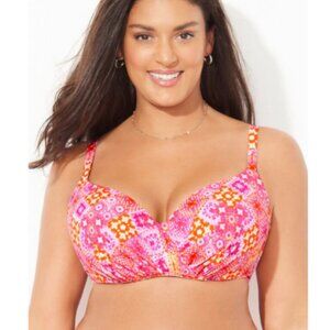 Swimsuits for All Ruler Bra Sized Underwire Bikini Top, Pink Multi Print, 40DD